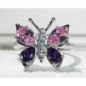 925 STERLING SILVER Simulated Amethyst & Pink Sapphire CZ Butterfly Ring